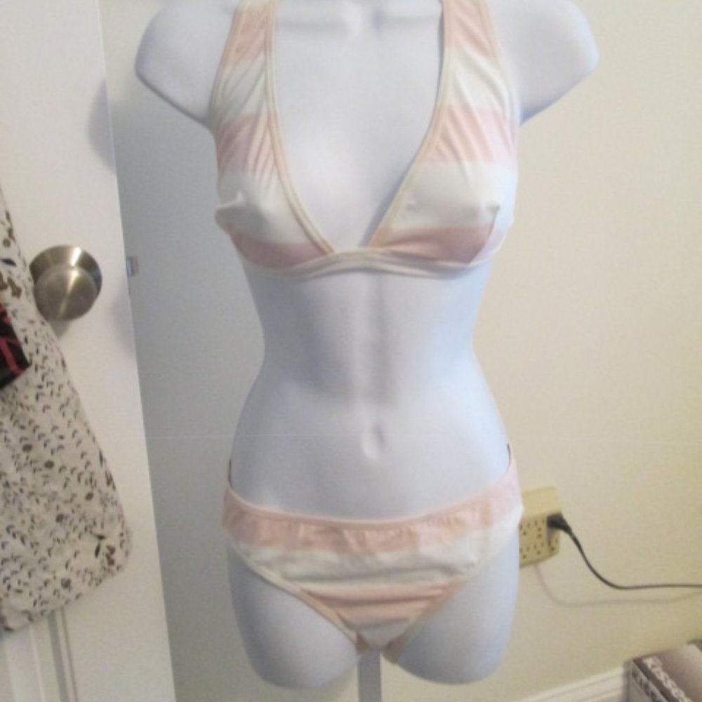 CHRISTIAN LACROIX $139 Pink/White Wide Striped Bikini size 46 NWT